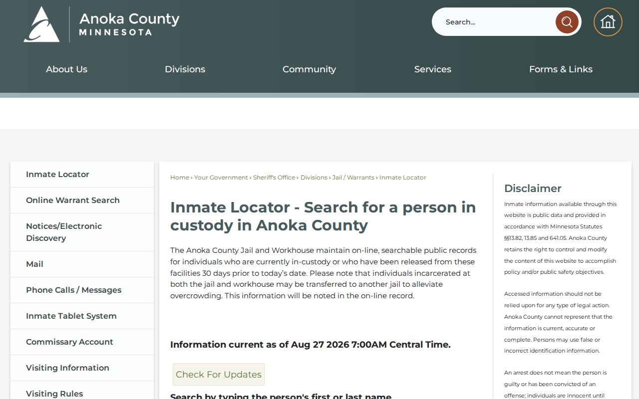 Coon Rapids resident lookup view of Anoka County Inmate Locator