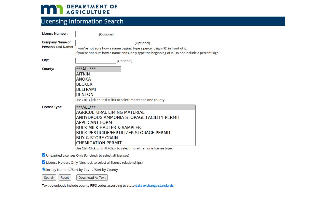 Coon Rapids resident lookup view of Minnesota Department of Agriculture license search