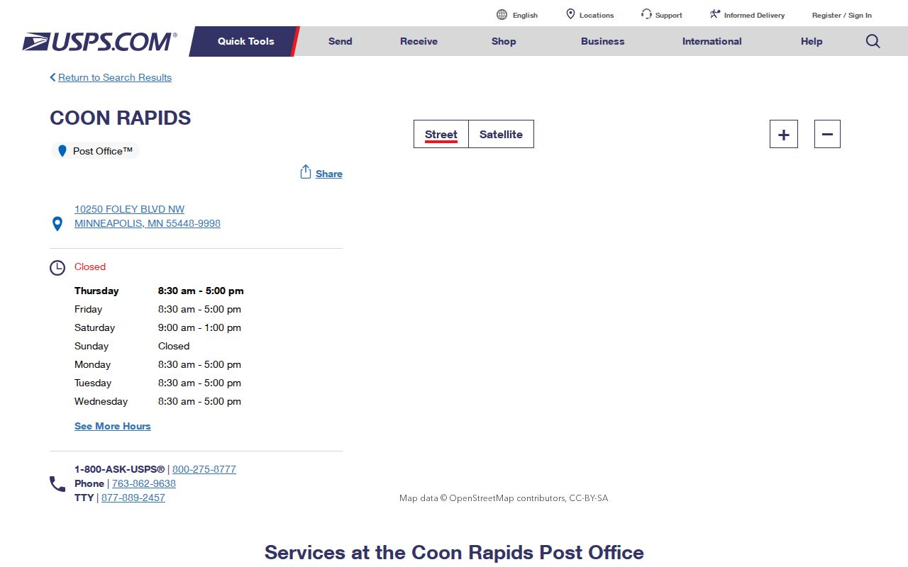 Coon Rapids ZIP code directory view of the USPS Coon Rapids Station